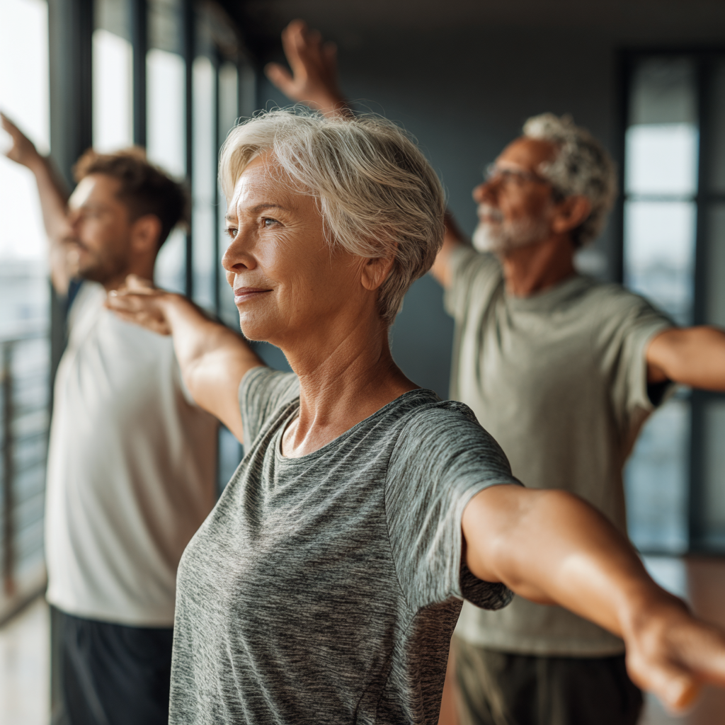 Middle-aged adults practicing gentle movement exercises in natural light